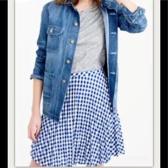 J. Crew Blue White Gingham Skirt 6 100% Linen Lined Swing Circle - Picture 1 of 9